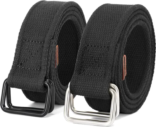 Miniatura 11 de JASGOOD Cinturones de tela de lona para hombre, cinturones casuales de tela con hebilla de doble anillo negro, paquete de 2