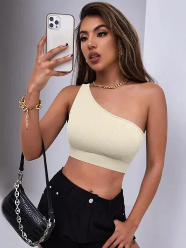 Miniatura 3 de OQQ Conjuntos de entrenamiento para mujer 2 piezas acanalados con un hombro cintura alta pantalones cortos con brasier deportivo conjunto