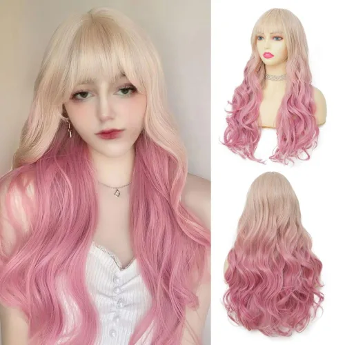 Miniatura 10 de Peluca larga ondulada de rubio a rosa para mujer, rizada, resistente al calor, sintética, para Halloween, cosplay, pelucas de pelo