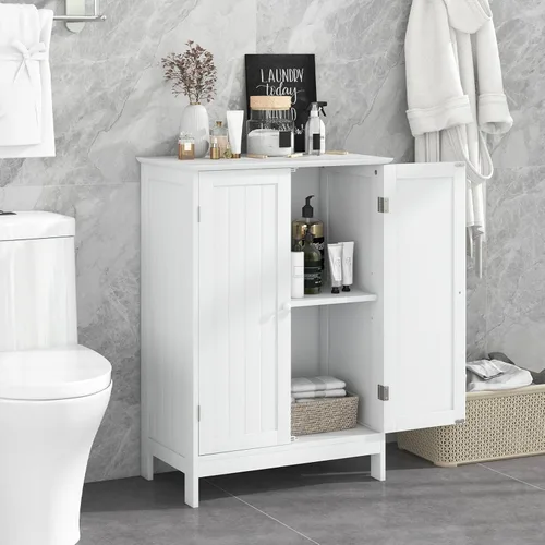 Miniatura 8 de BECOMFORT Armario de almacenamiento de baño, armario de piso con puertas dobles y estante ajustable, muebles modernos para el hogar, organizadores