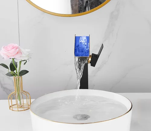 Miniatura 3 de Grifo de Recipiente Negro para Baño Cascada Boquilla Abierta LED Cambio de Color por Temperatura Grifo de Lavabo para Fregadero de Tazón Mango