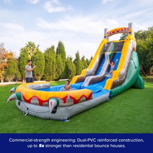 Miniatura 5 de HeroKiddo Tobogán acuático inflable T-Rex de 18 pies con piscina desmontable y soplador, 29 pies de largo, vinilo de PVC 100% comercial, tobogán