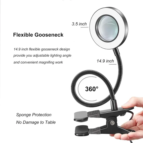 Miniatura 5 de Lupa de Escritorio con Luz 10x, Lupa con 3 Colores de Luz, 10 Niveles de Brillo Ajustable, Cuello de Cisne Flexible, Lámpara de Aumento