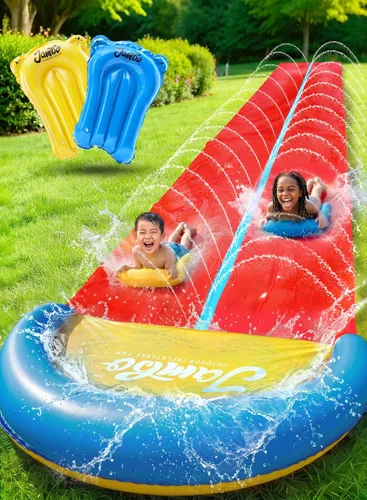 Miniatura 11 de JAMBO 7.3 metros XL Tobogán, Resbaladilla y Aspersor y 2 Tablas de Bodyboard, Tobogán de Agua para Césped de Alta Resistencia, Juguete de Agua