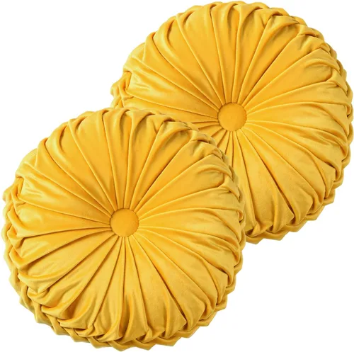 Miniatura 10 de HIG - Juego de 2 almohadas decorativas redondas plisadas, almohadas de calabaza de acento elegantes con botón central, almohadas de suelo