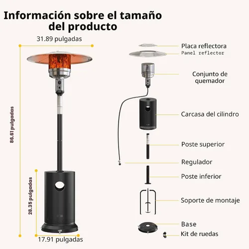 Miniatura 10 de EAST OAK Calentador de patio de 50,000 BTU para uso al aire libre con diseño de mesa redonda, quemador de acero inoxidable de doble capa, ruedas