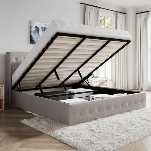 Miniatura 11 de SHA CERLIN Base de cama tamaño queen con almacenamiento elevado, cabecero abatible con botón, plataforma tapizada, almacenamiento hidráulico, Beige