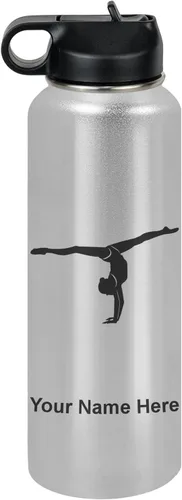 Miniatura 15 de LaserGram Botella de agua personalizada, gimnasta niña, acero inoxidable de doble pared aislada al vacío con popote superior, regalo grabado Azul