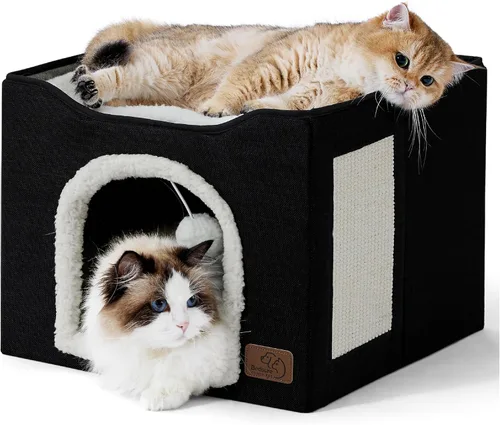 Bedsure Camas para gatos de interior – Cueva grande para gatos para casa de gatos con bola esponjosa para colgar y almohadilla para rascar,