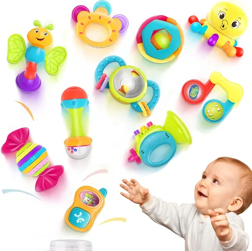 iPlay, iLearn Juego de 10 sonajeros para bebés, juguetes, sonajero fácil de agarrar y sacudir, mordedor sensorial, juguete musical de aprendizaje y