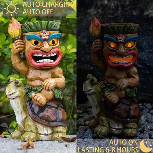 Miniatura 6 de Estatua de Tiki para exteriores con decoración de tortuga, figura de jardín con energía solar, arte Tiki para Tiki bar, patio trasero, jardín