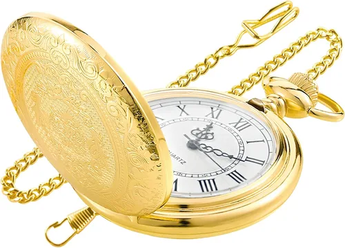 Miniatura 11 de Large Decorative Flower Pattern White Roman Numeral Scale Quartz Pocket Watches for Men with Chain