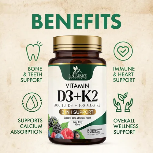 Miniatura 6 de Suplemento de vitamina D3 K2 5000 UI D3 + K2 100 mcg MK-7 K2 con vitamina D Apoya la salud inmunológica, cardíaca, dental y ósea, fácil