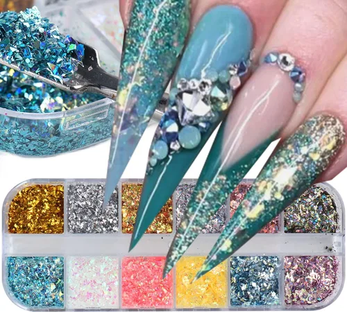 Miniatura 10 de Lámina de uñas con purpurina, diseño holográfico de lentejuelas de papel de aluminio ultrafino, láminas metálicas 3D brillantes, suministros