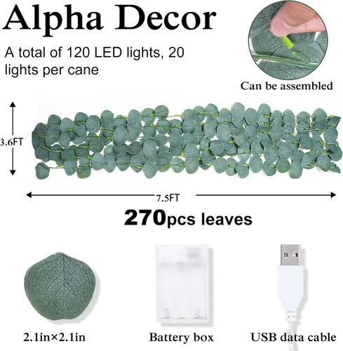 Miniatura 3 de Guirnalda de eucalipto iluminada con pilas de 7.5 x 3.6 pies con 120 luces LED artificiales de vegetación para bodas, fiestas, hogar, pared