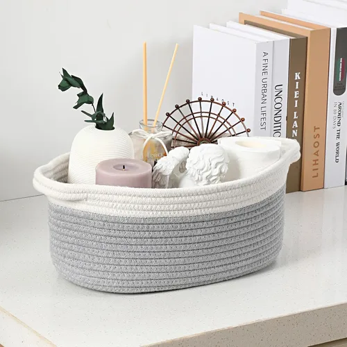 Miniatura 6 de Paquete de 4 canastas pequeñas tejidas con asas, cesta de almacenamiento de cuerda de algodón, bonita cesta de regalo para bebé para guardería, Gris
