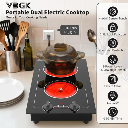 Miniatura 2 de VBGK - Placa de cocina eléctrica, estufa eléctrica de 110V y 2100W con control de perilla, diseño de encimera/integrado con 9 niveles de potencia