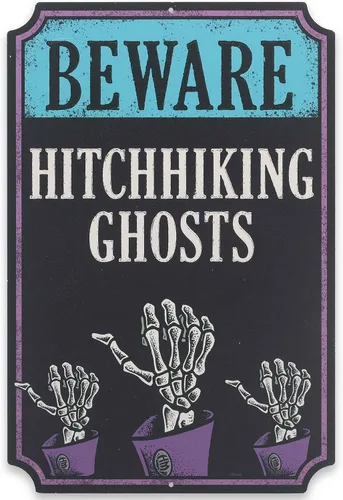 Disney Haunted Mansion - Letrero de metal con texto en inglés «Beware of Hitchhiking Ghosts» – Decoración de pared de mansión embrujada espeluznante