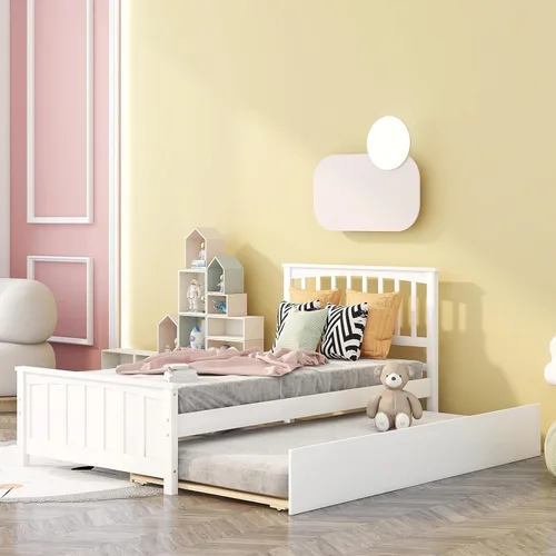 MERITLINE Cama individual con nido, cama corrediza de plataforma con cabecero y estribo para niñas y niños, no necesita somier, (blanco)