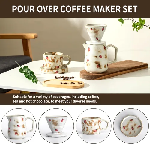 Miniatura 7 de Juego de cafetera hecha a mano con taza de café con patrón de fresa, 20 unidades, filtro de papel V60, cafetera de goteo de 20 onzas (fresa)