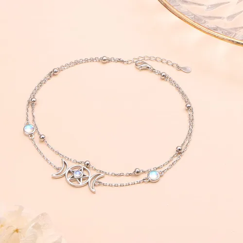 Miniatura 4 de Pulsera de plata esterlina S925 elegante cadena de pie con dije bohemio de playa de doble capa para mujeres, adolescentes y niñas, ajustable de 9 a