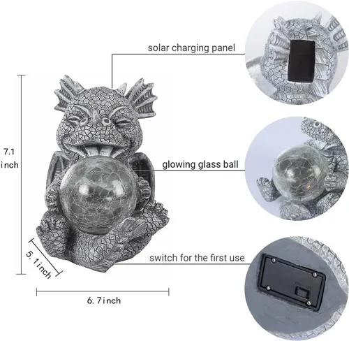 Miniatura 2 de Estatua de Dragón de Jardín con Energía Solar Figura Luminosa para Exteriores Decoración Linda que Sostiene Bola de Cristal Brillante Escultura