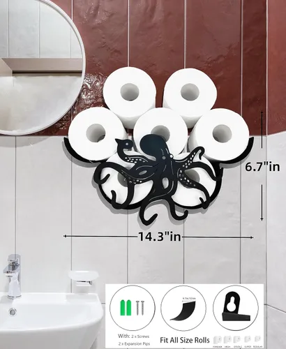 Miniatura 3 de Octopus - Almacenamiento de papel higiénico de pared de metal, soporte de papel higiénico negro, soporte de papel de metal decorativo de animales