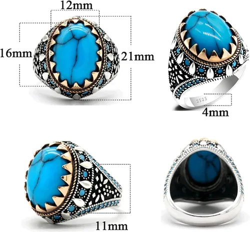Miniatura 6 de AROTOROM Retro Turquoise Ring for Men in 925 Sterling Silver Oval Sky Blue Stone Ring Life Track Significance Turkish Handmade Engraved Silver Ring