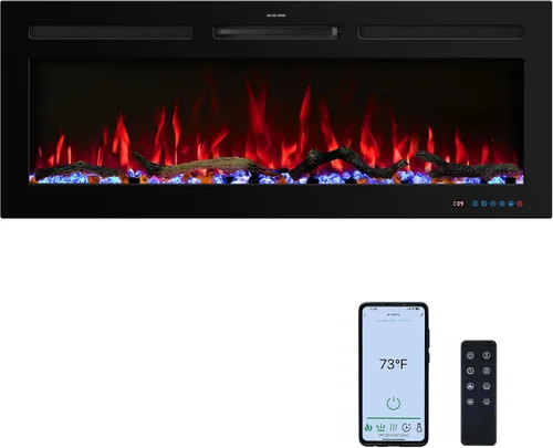 Chimenea eléctrica inteligente WiFi de 33 pulgadas, 13 llamas y lecho de combustible con ciclo automático, calentador de chimenea con control de