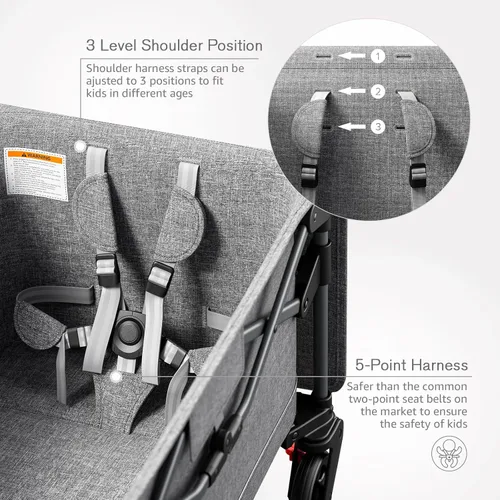Miniatura 4 de EVER ADVANCED Vagón Cochecito de Viaje Plegable en Bolsa para 2 Niños y Carga, Vagón Plegable para Niños Pequeños con Toldo Extraíble, Arnés Gris