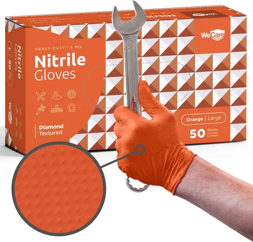 WECARE Guantes de nitrilo naranja de 8 mil, grandes, paquete de 50 – Guantes mecánicos resistentes, con agarre de diamante, guantes desechables sin