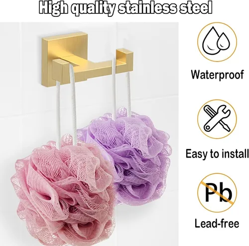 Miniatura 3 de BOZWELL Ganchos dobles para toallas para baño, montaje en pared dorado cepillado, paquete de 2 ganchos modernos de estilo cuadrado para bata, Oro