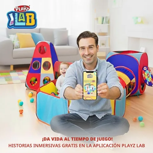 Miniatura 8 de Playz 5 piezas de tiendas de campaña infantiles y túneles - Piscina de pelotas para niños pequeños, canasta de baloncesto, tubos para gatear, casas