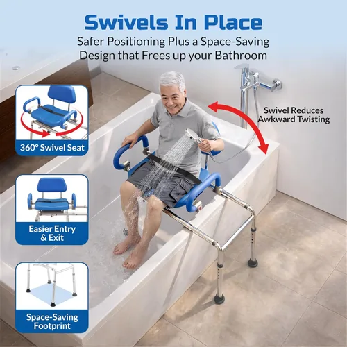Miniatura 2 de Banco de transferencia deslizable con asiento giratorio. Silla premium para tina y ducha, acolchada con apoyabrazos giratorios Diseño ahorrador