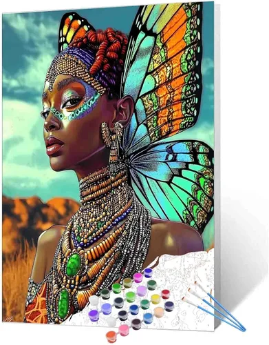 Miniatura 32 de Pintura de niña afro a la moda, kits de pintura por números, 16 x 20 pulgadas, lienzo de hojas tropicales, pintura al óleo para niños y adultos