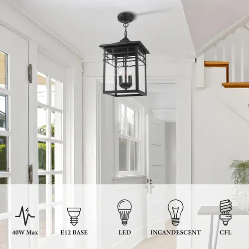 Miniatura 3 de Farol colgante para exteriores para porche delantero, 10 pulgadas, grande, negro, lámpara colgante con pantalla de vidrio sembrado para patio