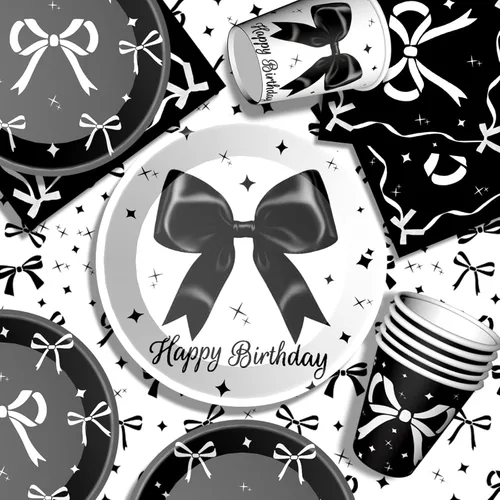 Miniatura 3 de Suministros de fiesta de cumpleaños de lazo negro para niña, decoraciones de fiesta de cumpleaños coquette incluyen platos de lazo negro