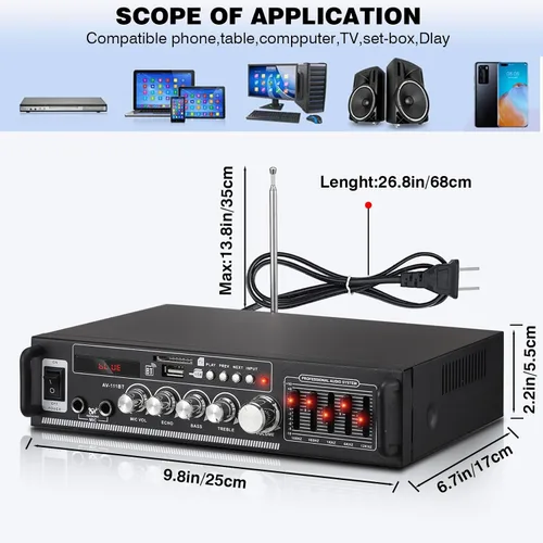 Miniatura 7 de Facmogu AV-111BT Amplificador para el hogar con ecualizador, amplificador de audio EQ de 5 bandas, receptor amplificador de potencia RMS 60Wx2