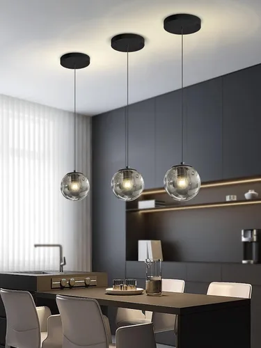 Miniatura 2 de ykolupty Lámpara colgante negra de 1 luz moderna de globo de vidrio gris ahumado, luces colgantes para isla de cocina, luces colgantes ajustables