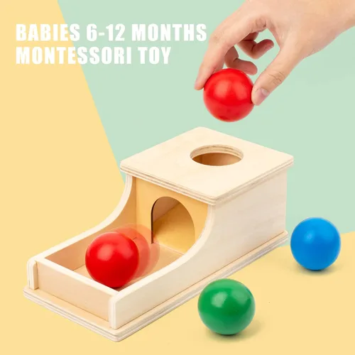 Miniatura 7 de Busy edition Montessori Toys Caja de objetos de permanencia con sonido suave, juguete de madera, bola de bebé para soltar y jugar, para niños de 6