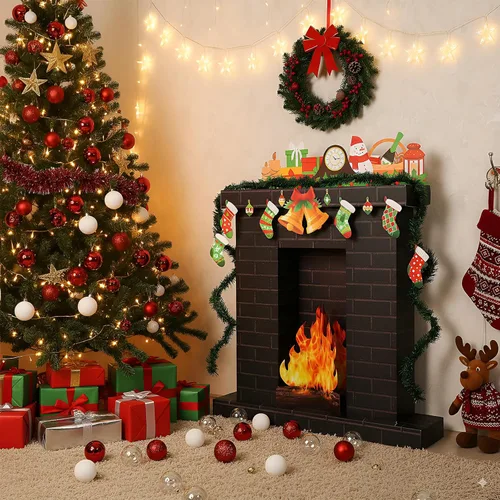 Miniatura 6 de AmazingSpark Chimenea de cartón corrugado de Navidad de 35.5 x 29 x 8 pulgadas, chimenea de cartón con media llama de fuego 3D, campana de pino