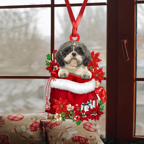 Miniatura 4 de Talataca Lhasa Apso - Bolsa de regalo de Papá Noel en color rojo, 2D, accesorios para espejo retrovisor para automóvil, adorno para árbol