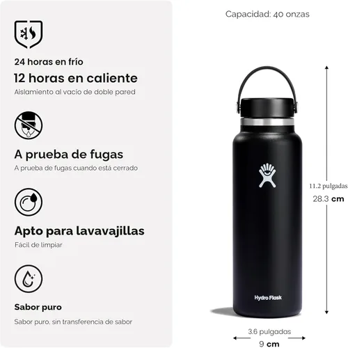 Miniatura 6 de Hydro Flask - Botella de agua de acero inoxidable aislada - Boca ancha con tapa flexible, sin derrame, a prueba de fugas y recargable de 40 oz Negro