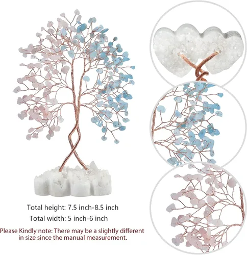 Miniatura 2 de mookaitedecor Árbol de cristal natural de cuarzo rosa y aguamarina con doble corazón de roca de cuarzo con base de piedra, bonsái, árbol de la vida
