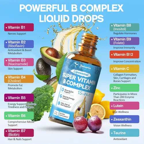 Miniatura 3 de 15 en 1 complejo de vitamina B liposomal Pro sin azúcar, gotas de complejo B con niacinamida B1, B2, B3, colina, biotina B5, B6, B7, inositol