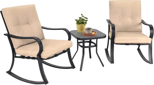 Juego de 3 sillas mecedoras para exteriores, juego de muebles de patio, mesa de centro con tapa de vidrio y sillas de hierro negro con cojines Marrón