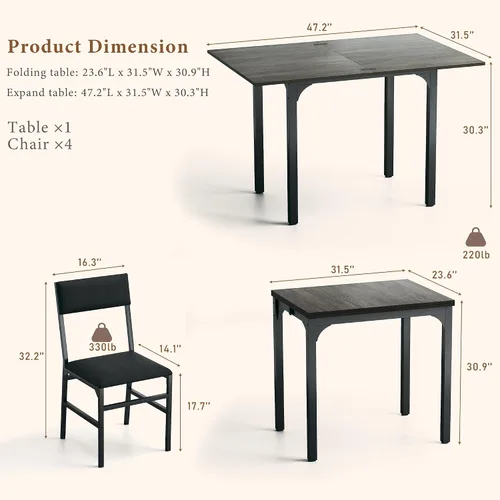 Miniatura 3 de HUAHUU Juego de mesa de comedor para 4, juego de sillas con cojín para cocina extensible de 4, mesa de comedor rectangular con marco de metal