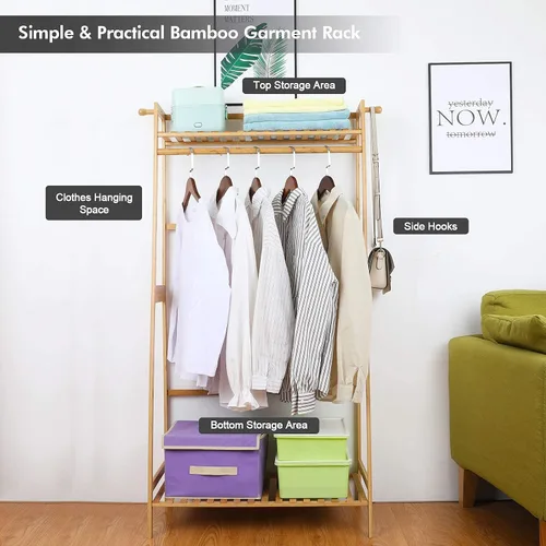 Miniatura 7 de Ufine Estante de ropa de bambú con estante de almacenamiento Soporte de ropa portátil para dormitorio habitación de invitados