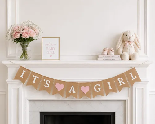 Miniatura 8 de Cartel de arpillera con texto en inglés "It's a Girl" para decoración de baby shower y fiesta de revelación de género (corazones rosa claro)