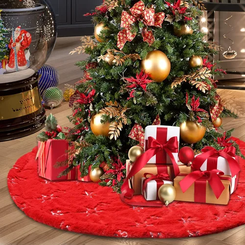 Miniatura 10 de Falda de Árbol de Navidad - Falda de árbol de 48 pulgadas grande roja con falda de árbol de piel sintética suave de alta gama para decoraciones